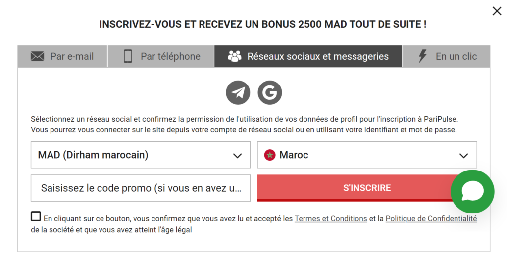 Types d’inscription PariPulse Par les réseaux sociaux