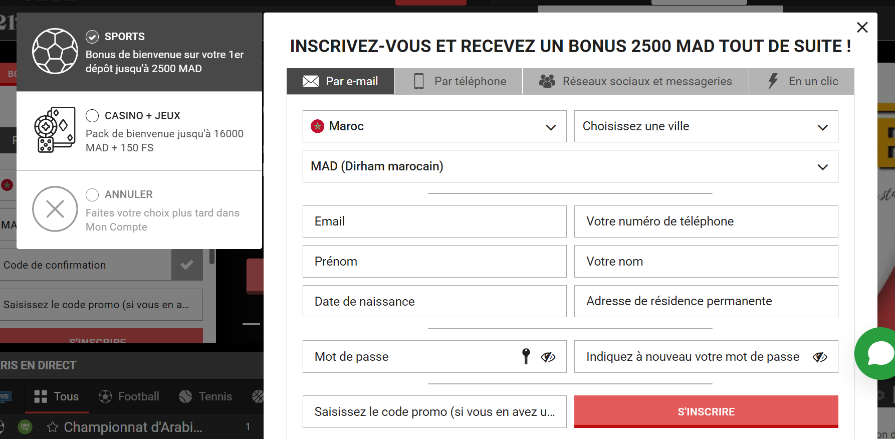 Types d’inscription PariPulse Par adresse e-mail